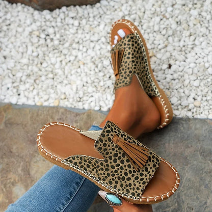 Momount Sandálias Rasas de Mulher Conforto Slip-On Casual de Verão Apoio Almofadado Leve Bico Aberto Boho com Borlas