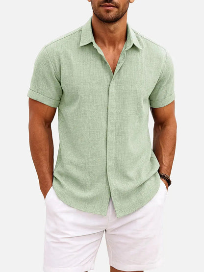 Momount Men Linen Shirt – Short Sleeve Turn Down Collar Cotton Blend Casual