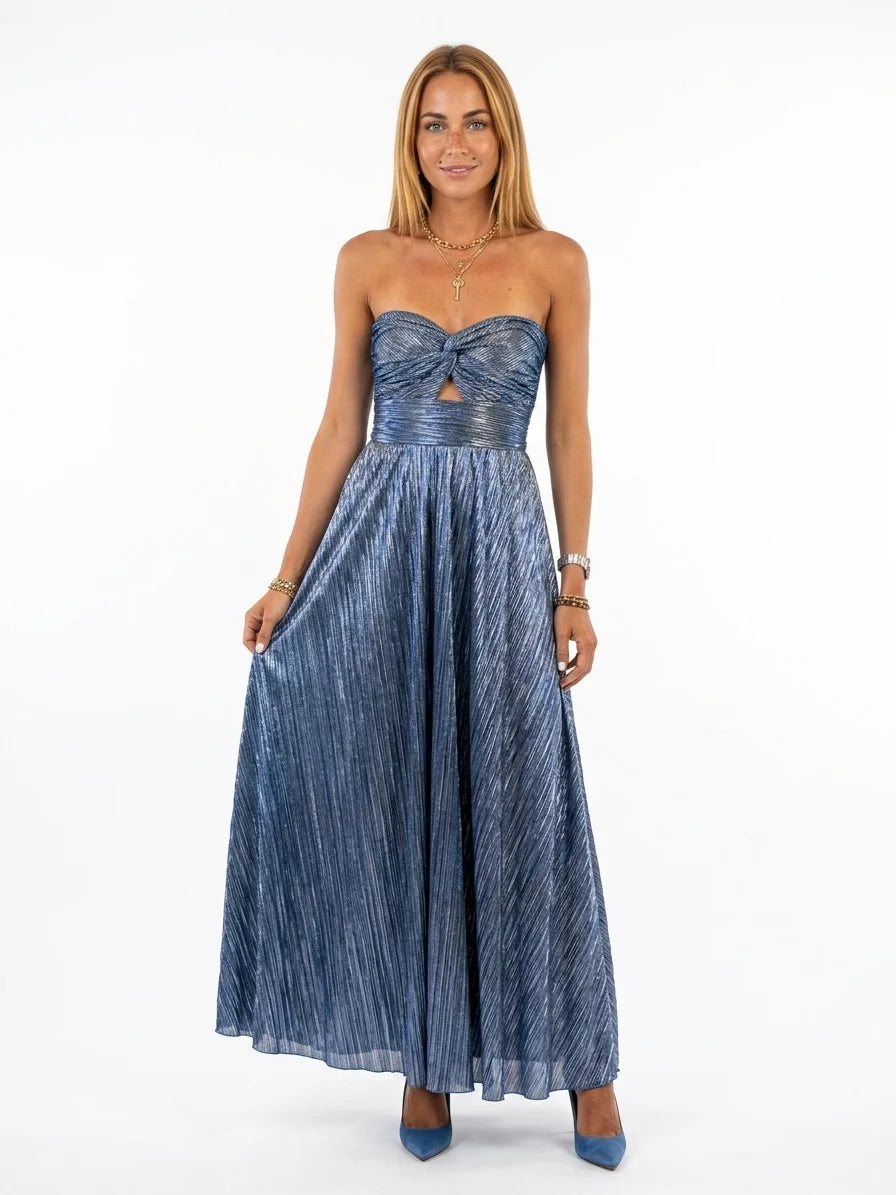 Persephone | Elegant Metallic Pleated Strapless Maxi Dress - Blue - front