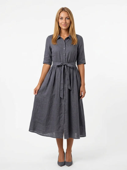 Hazel Tie-Waist Midi Dress | Button Front, V-Neck, Casual - Dark Gray - front