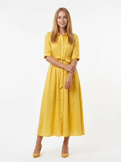 Hazel Tie-Waist Midi Dress | Button Front, V-Neck, Casual - Yellow - front