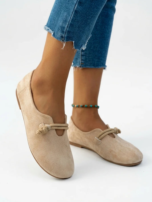 Women's Loafers – Round Toe Rope Detail Slip-On - Beige - onfoot