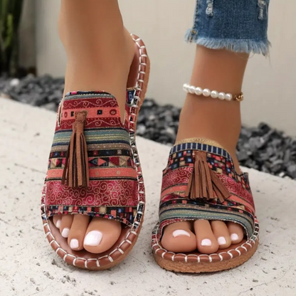 Momount Sandálias Rasas de Mulher Conforto Slip-On Casual de Verão Apoio Almofadado Leve Bico Aberto Boho com Borlas