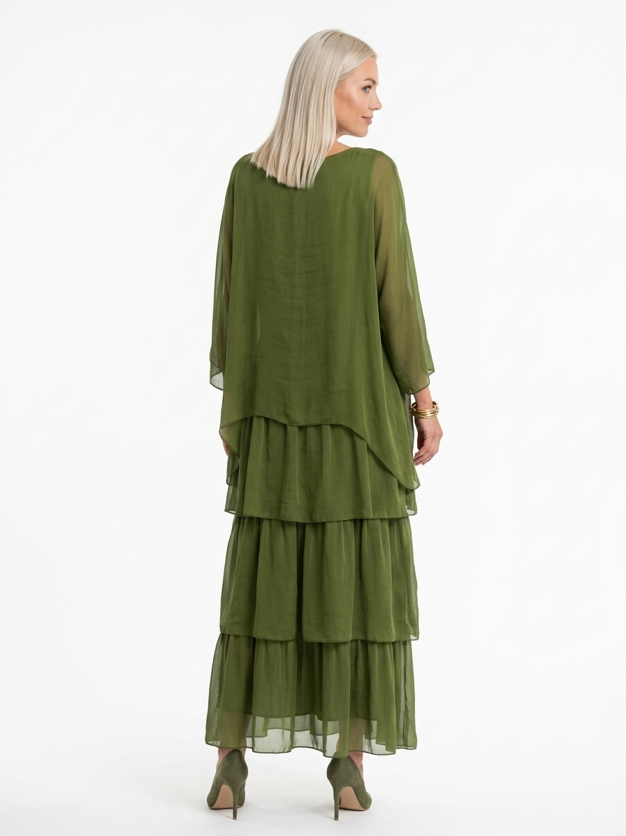 Caroline Maxi Dress | Bat Sleeves, Ruffled Skirt, Relaxed - Green - back