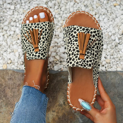 Momount Sandálias Rasas de Mulher Conforto Slip-On Casual de Verão Apoio Almofadado Leve Bico Aberto Boho com Borlas