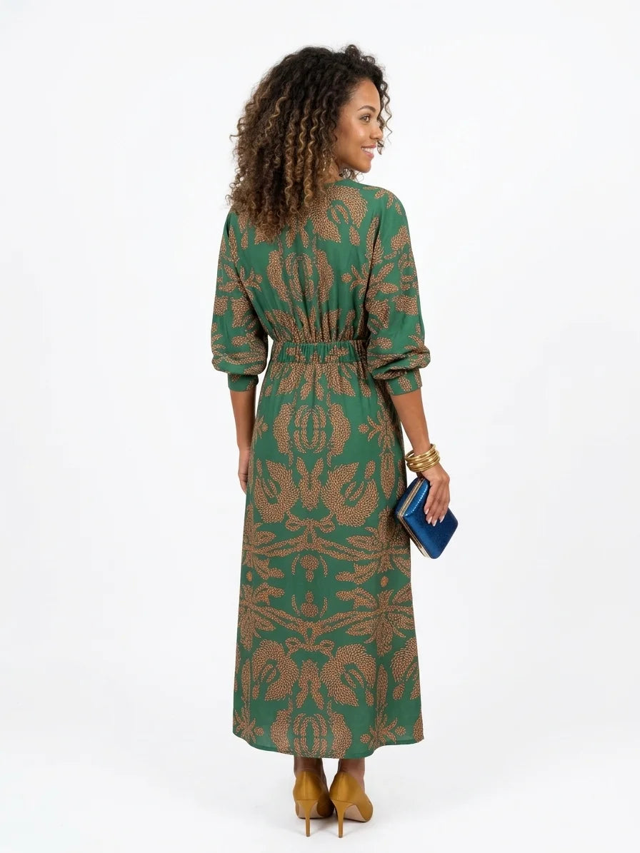 Sienna Midi Dress | Blue & Gold Print, Knot Front, Long Sleeve - Green - back