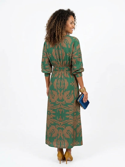 Sienna Midi Dress | Blue & Gold Print, Knot Front, Long Sleeve - Green - back