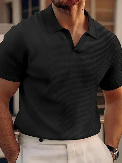 Momount Men Polo Shirt – Ribbed Knit Button-Free V Neck