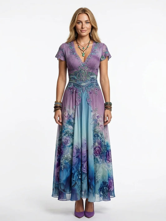 Aurora Gradient Maxi Dress | Mixed Print, V-Neck - Purple - front