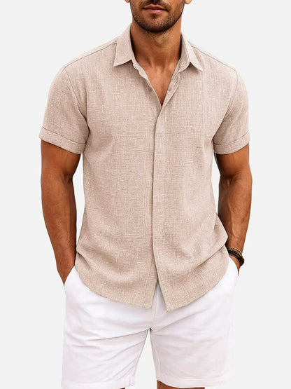 Momount Men Linen Shirt – Short Sleeve Turn Down Collar Cotton Blend Casual