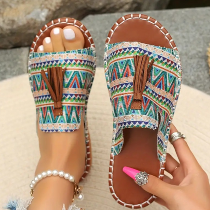 Momount Sandálias Rasas de Mulher Conforto Slip-On Casual de Verão Apoio Almofadado Leve Bico Aberto Boho com Borlas