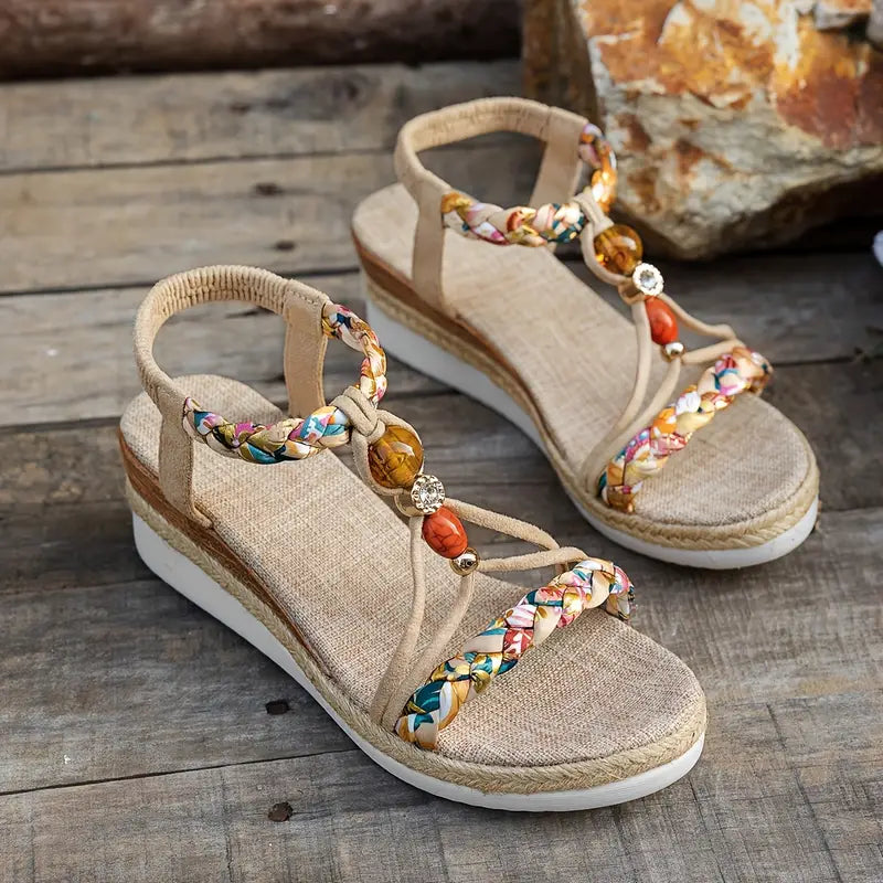 Momount ženske espadrile sandale s punom petom – boho pleteni detalji, perlice, cirkoni