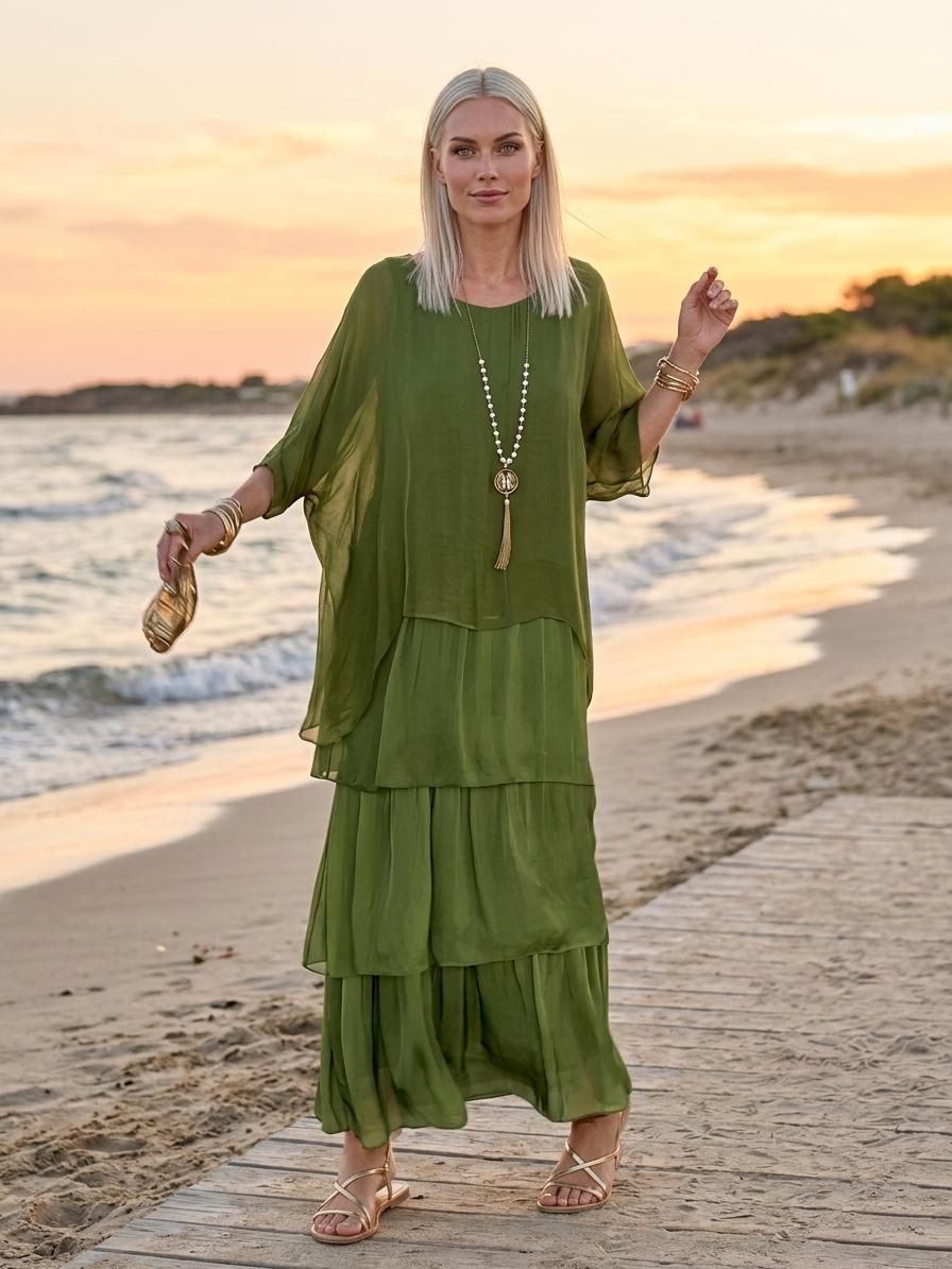 Caroline Maxi Dress | Bat Sleeves, Ruffled Skirt, Relaxed - Green - lifestyle_beach