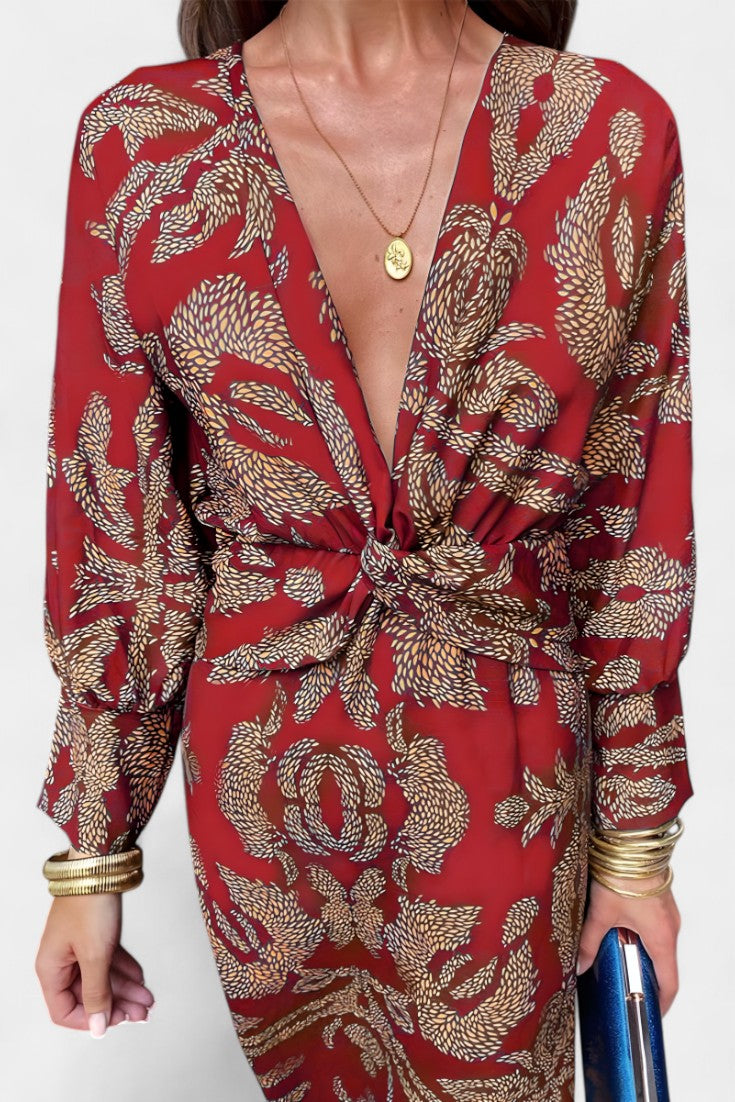 Momount ženska bodycon midi haljina – dugi rukavi, uvijeni detalj, elegantna