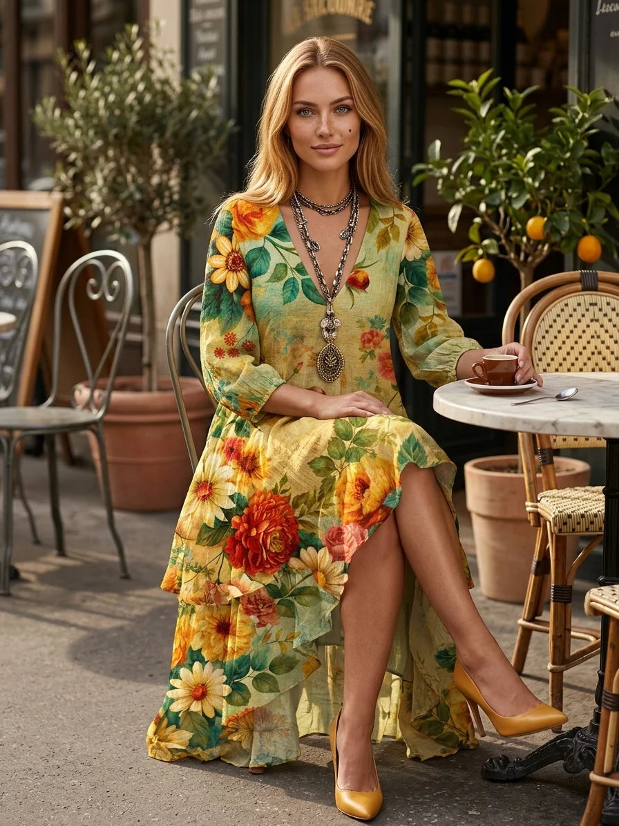 Ivy Boho Midi Dress | Floral Print, Tiered Skirt, 3/4 Sleeve - Yellow - lifestyle_cafe
