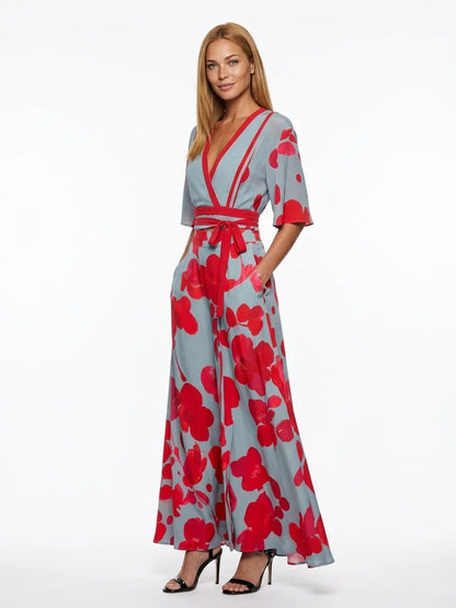 Elena Floral Wrap Maxi Dress | V-Neck, Summer Elegance - Blue & Red - 3/4