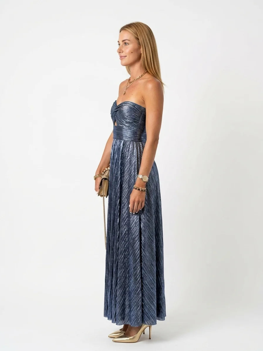 Persephone | Elegant Metallic Pleated Strapless Maxi Dress - Blue - side