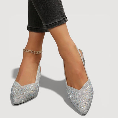 Momount Women Slingback Pumps – Rhinestone Pointed Toe Low Block Heel V-Cut