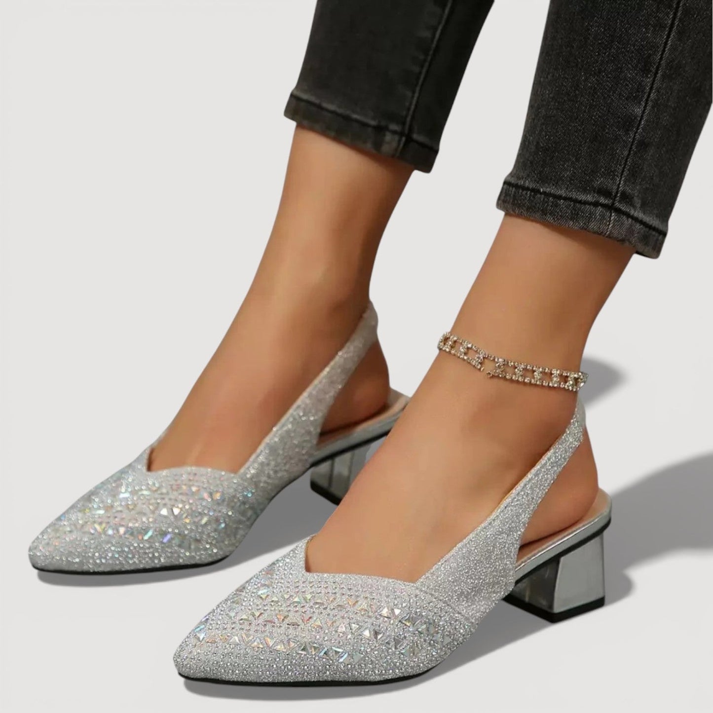 Momount Women Slingback Pumps – Rhinestone Pointed Toe Low Block Heel V-Cut