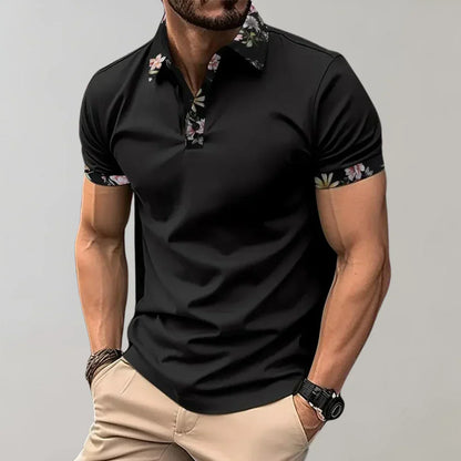 Momount Men Polo Shirt – Floral Contrast Collar Cuffs Short Sleeve