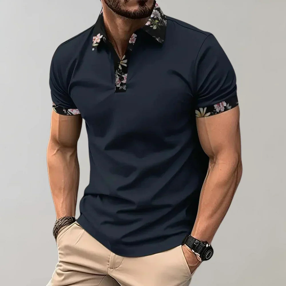 Momount Men Polo Shirt – Floral Contrast Collar Cuffs Short Sleeve
