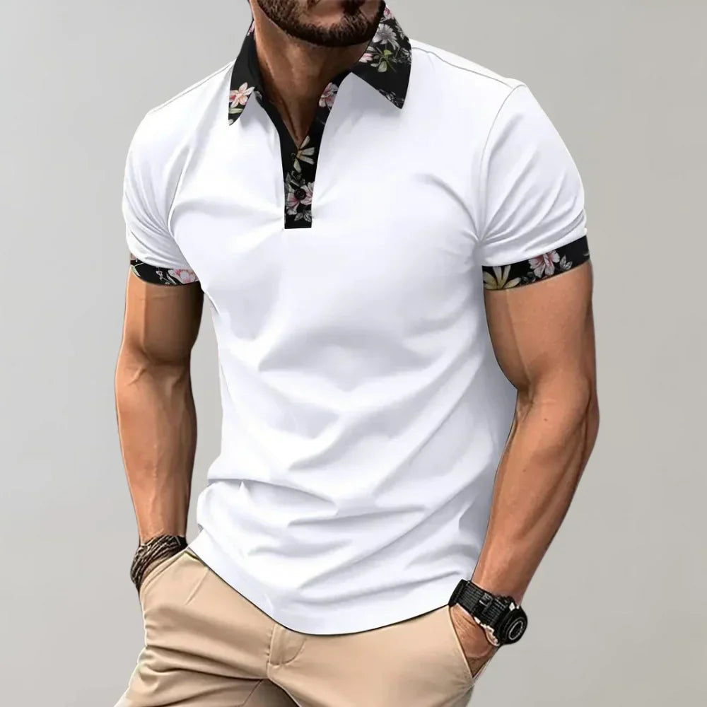 Momount Men Polo Shirt – Floral Contrast Collar Cuffs Short Sleeve