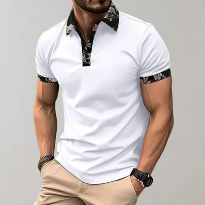 Momount Men Polo Shirt – Floral Contrast Collar Cuffs Short Sleeve