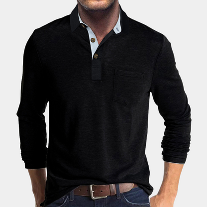 Momount Men Long Sleeve Polo Shirt – Contrast Collar Pocket Classic Fit