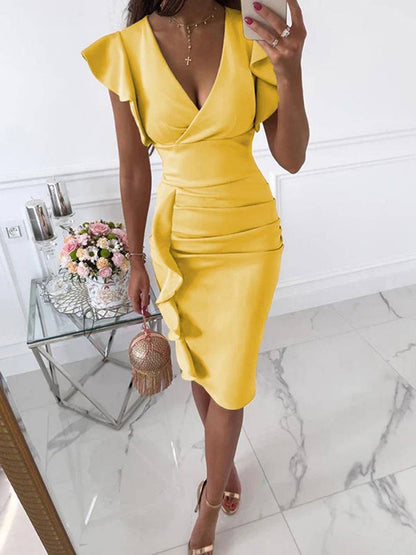 Octavia | Elegant Ruffle V Neck Bodycon Summer Midi Dress