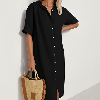 Momount Damen Leinen-Hemdblusenkleid – Kurzarm, durchgeknöpft, Midi, lockere Passform