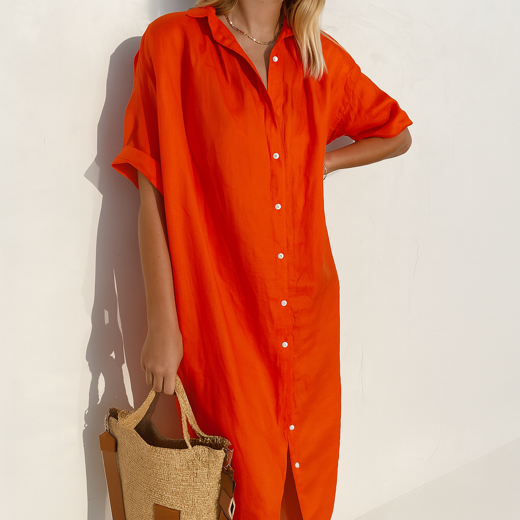 Momount Damen Leinen-Hemdblusenkleid – Kurzarm, durchgeknöpft, Midi, lockere Passform