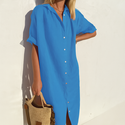 Momount Damen Leinen-Hemdblusenkleid – Kurzarm, durchgeknöpft, Midi, lockere Passform