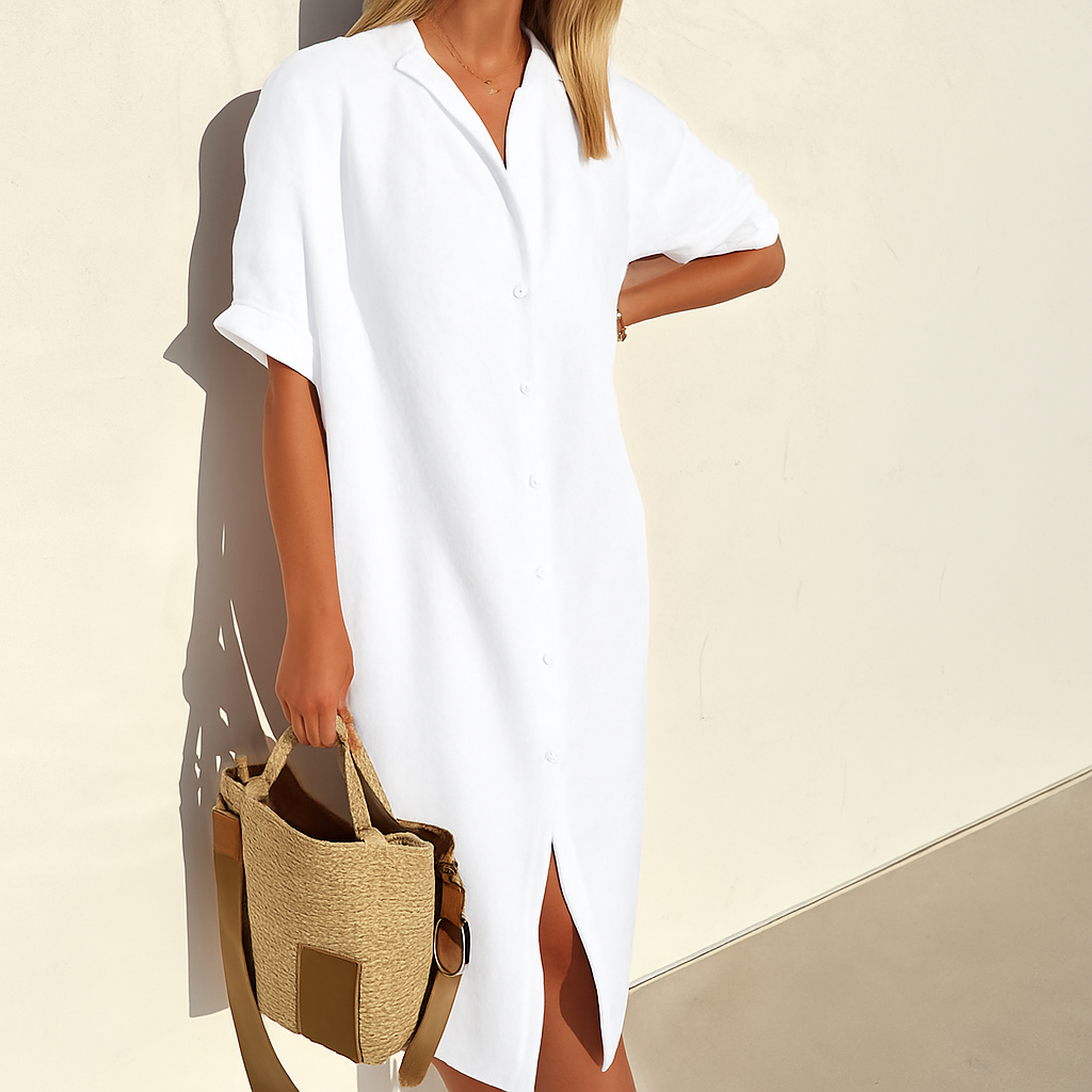 Momount Damen Leinen-Hemdblusenkleid – Kurzarm, durchgeknöpft, Midi, lockere Passform