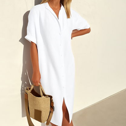 Momount Damen Leinen-Hemdblusenkleid – Kurzarm, durchgeknöpft, Midi, lockere Passform