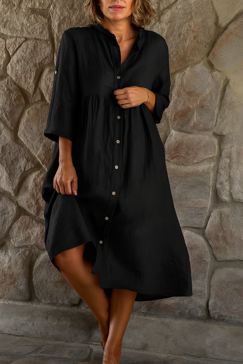 Momount Damen Hemdblusenkleid aus Baumwoll-Leinen – V-Ausschnitt, 3/4-Arm, lockere Passform