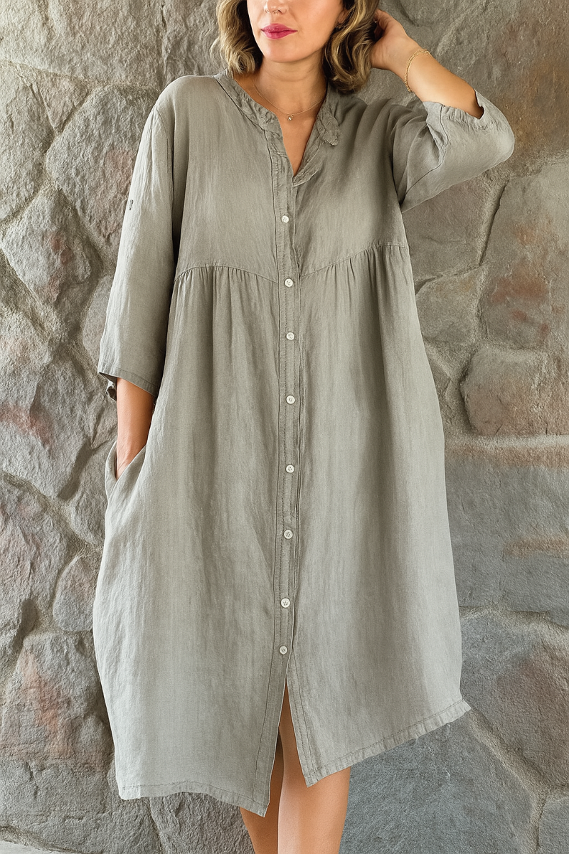 Momount Damen Hemdblusenkleid aus Baumwoll-Leinen – V-Ausschnitt, 3/4-Arm, lockere Passform