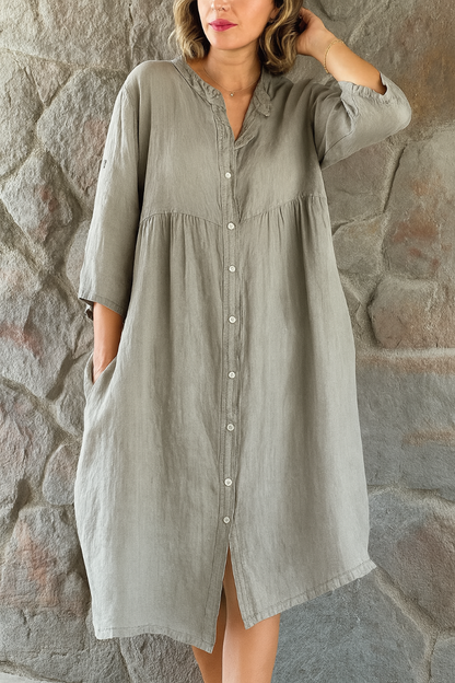 Momount Damen Hemdblusenkleid aus Baumwoll-Leinen – V-Ausschnitt, 3/4-Arm, lockere Passform