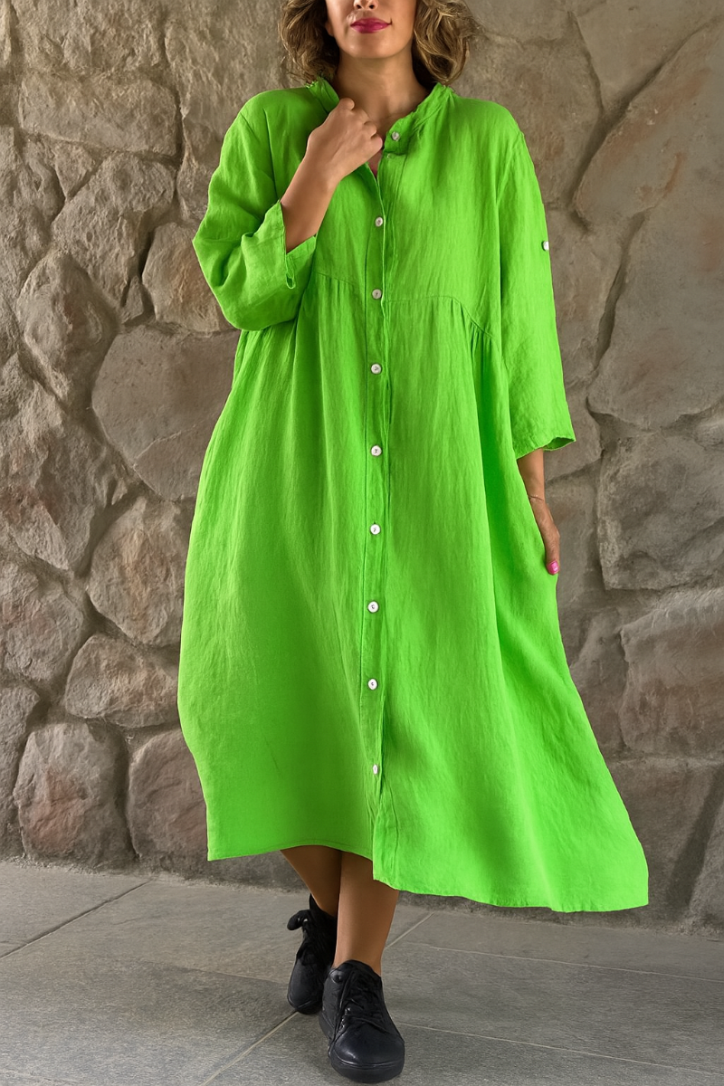 Momount Damen Hemdblusenkleid aus Baumwoll-Leinen – V-Ausschnitt, 3/4-Arm, lockere Passform