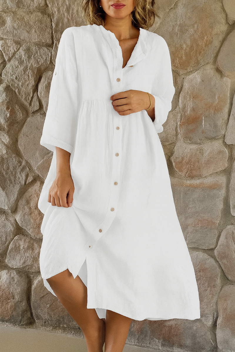 Momount Damen Hemdblusenkleid aus Baumwoll-Leinen – V-Ausschnitt, 3/4-Arm, lockere Passform