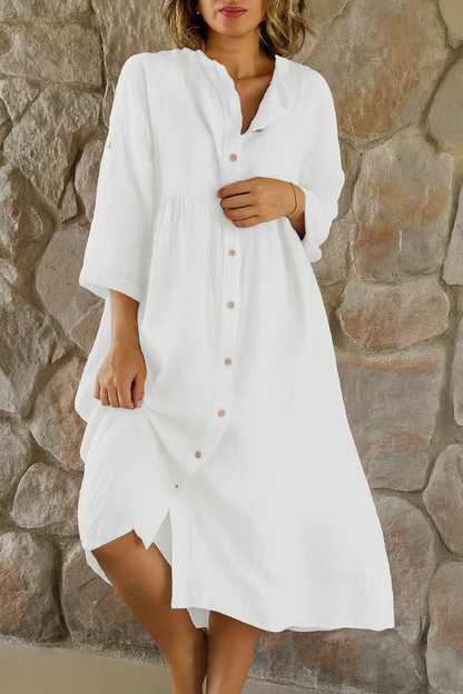 Momount Damen Hemdblusenkleid aus Baumwoll-Leinen – V-Ausschnitt, 3/4-Arm, lockere Passform