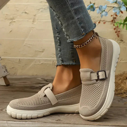 Momount Damen Slipper-Sneaker – Strick-Mesh, Schnallenriemen, gepolstert, fürs Gehen
