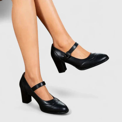 Momount Damen Mary-Jane-Pumps mit Blockabsatz – Leder Budapester Runde Zehe Schnalle