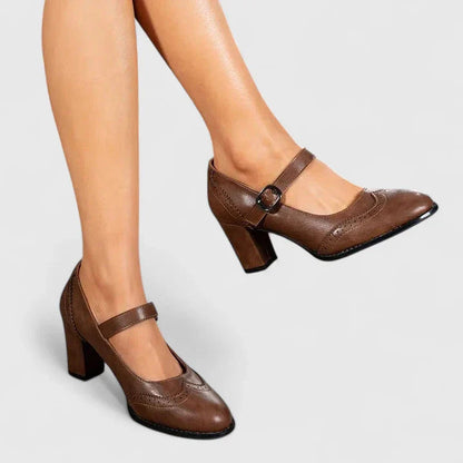 Momount Damen Mary-Jane-Pumps mit Blockabsatz – Leder Budapester Runde Zehe Schnalle
