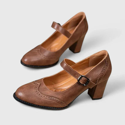 Momount Damen Mary-Jane-Pumps mit Blockabsatz – Leder Budapester Runde Zehe Schnalle