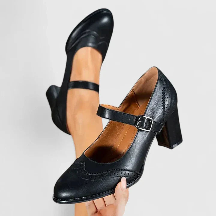 Momount Damen Mary-Jane-Pumps mit Blockabsatz – Leder Budapester Runde Zehe Schnalle