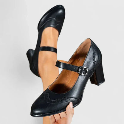 Momount Damen Mary-Jane-Pumps mit Blockabsatz – Leder Budapester Runde Zehe Schnalle