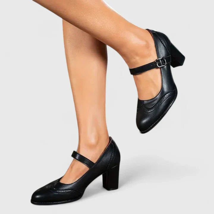 Momount Damen Mary-Jane-Pumps mit Blockabsatz – Leder Budapester Runde Zehe Schnalle