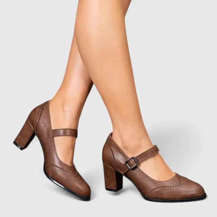 Momount Damen Mary-Jane-Pumps mit Blockabsatz – Leder Budapester Runde Zehe Schnalle