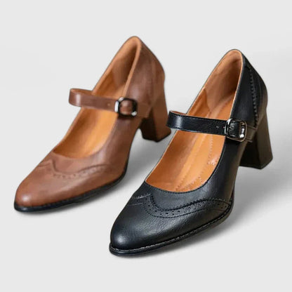 Momount Damen Mary-Jane-Pumps mit Blockabsatz – Leder Budapester Runde Zehe Schnalle