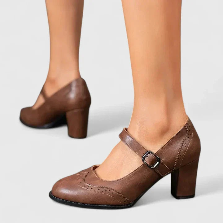 Momount Damen Mary-Jane-Pumps mit Blockabsatz – Leder Budapester Runde Zehe Schnalle